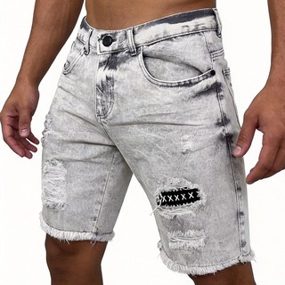 【TUNG JEANS】Bermuda Jeans Masculina Jogador Rasgada Branco Buraco Shorts Jeans