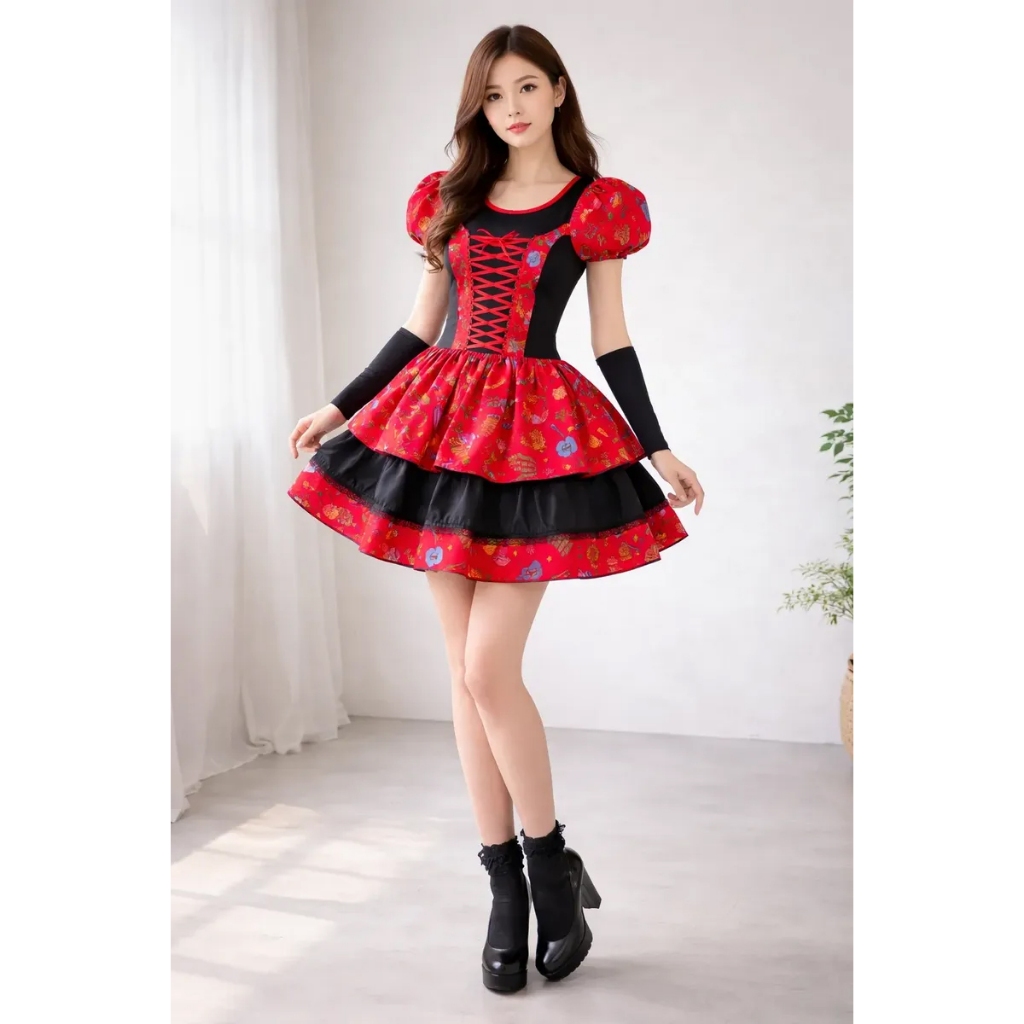 Vestido de Festa Junina Caipira Adulto + Luva + Fitas de Cabelo
