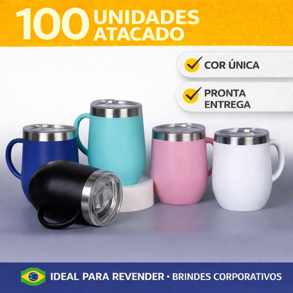 Kit 50/100 unidades Caneca Térmica Inox 350ml com alça Tampa Acrílica com Trava, Casa, Bebida Quente e Fria, Chá, Café