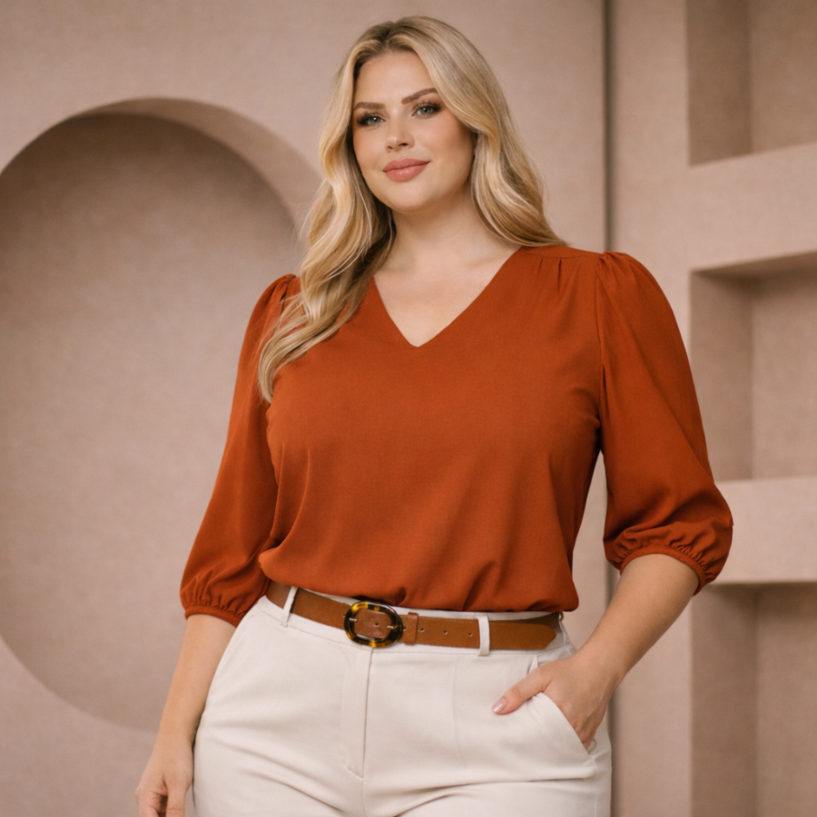 Blusa Feminina Plus Size Manga 3/4 Decote V Elegante Tecido Duna Não Amassa GG G1 G2 G3 em Oferta na Shopee