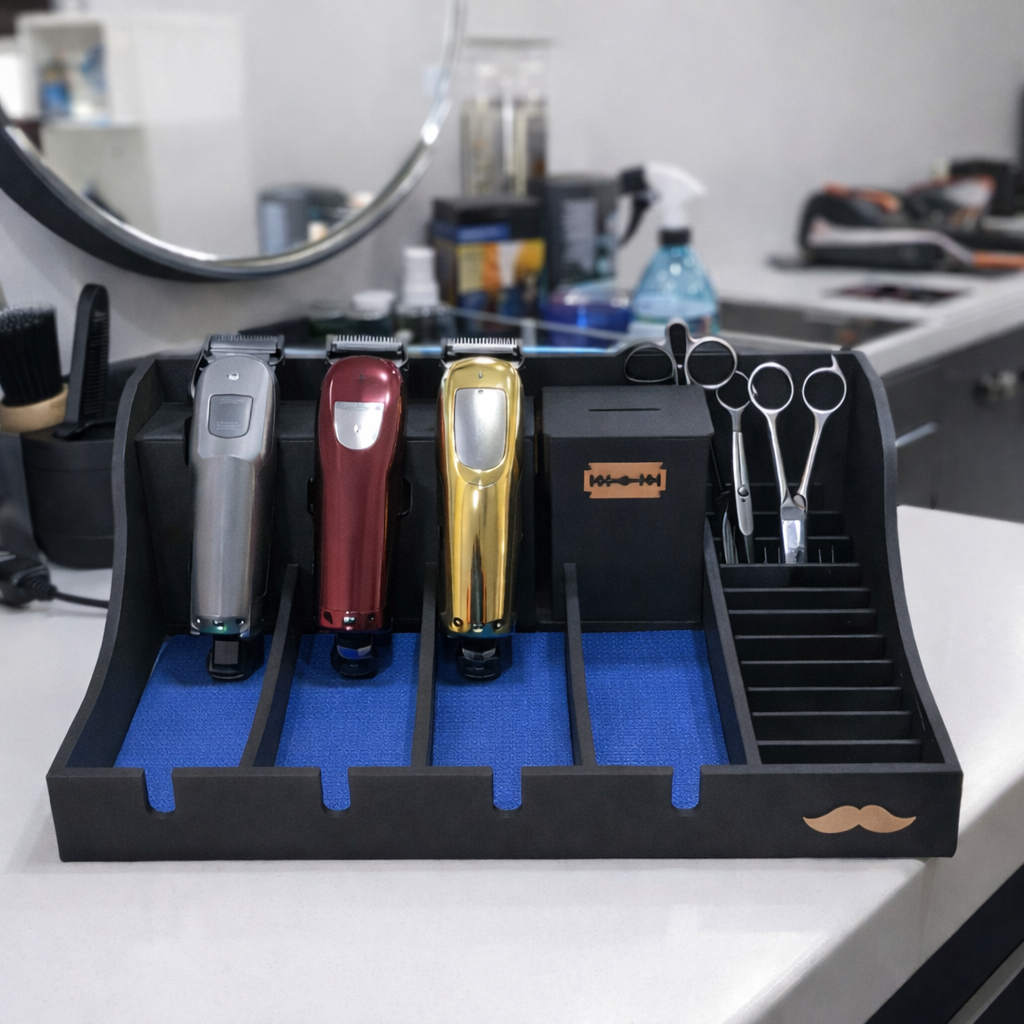 Organizador de Bancada Completo para 4 Máquinas Luxo para Babearia Barber Profissional MDF