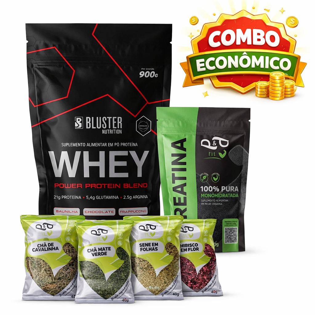 Kit Whey Protein 900g + Creatina Monohidratada 250g + Chá  Detox Naturais Hibisco Cavalinha Chá Verde