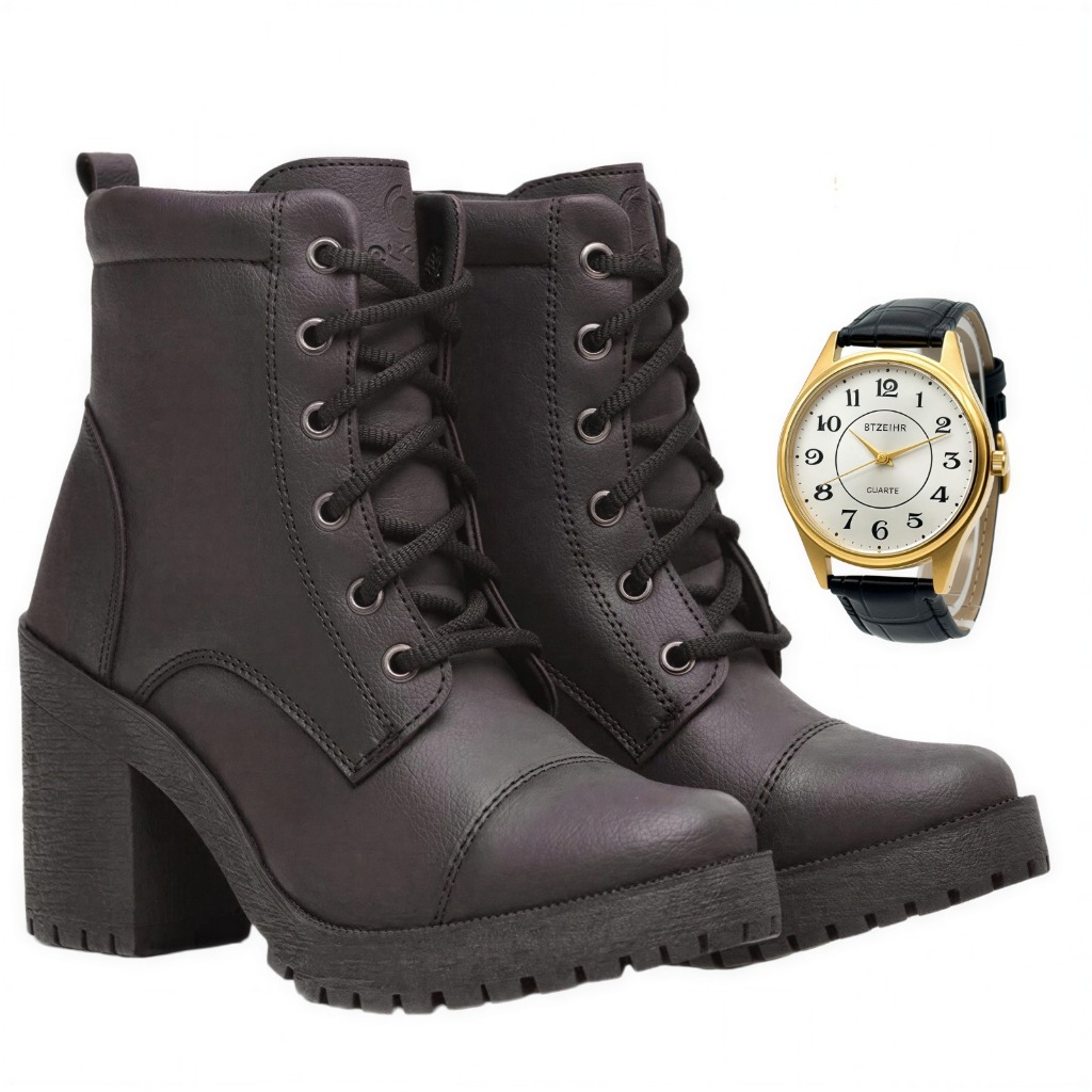 Coturno Feminino Falcucci Bota Salto Alto Falcucci Tratorada + Relógio