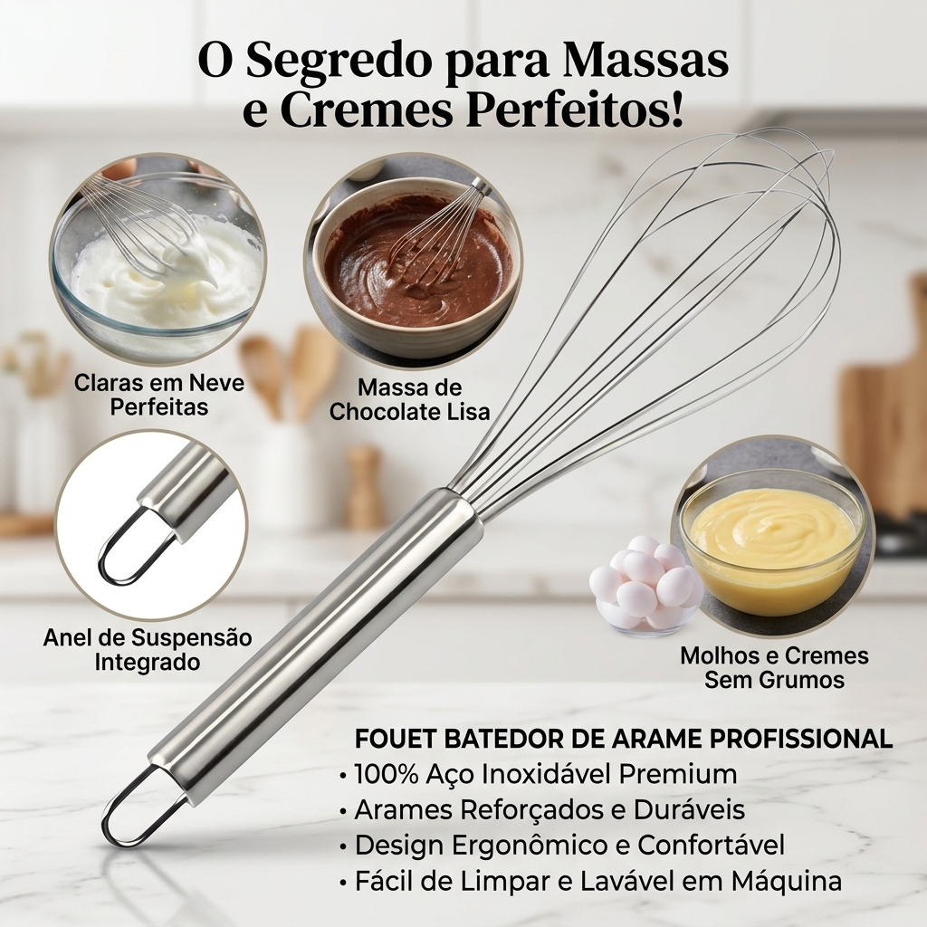 Misturador Batedor De Ovos Fouet Em Aço Inox 25cm Confeitaria
