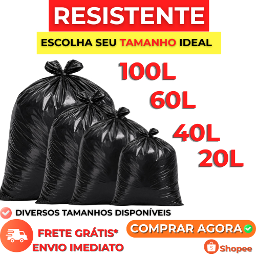 Saco de Lixo resistente c/100/50 unidades | Disponível em 100/60/40/20 litros | Direto da Fábrica | Preto. em Oferta na Shopee