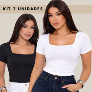 Kit 2 Camisetas Blusas Cropped Femininas Manga Curta Gola Quadrada Suplex Premium Forro Duplo em Oferta na Shopee