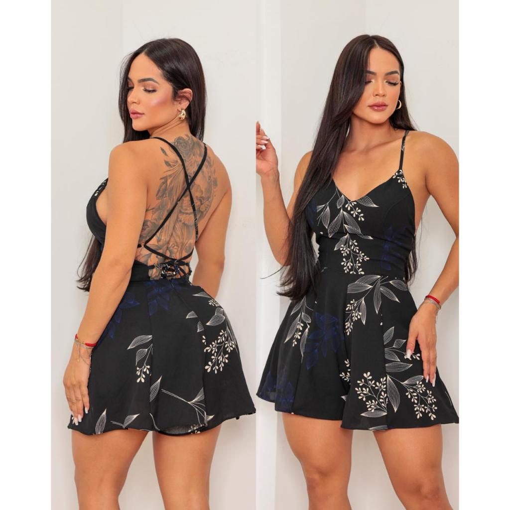 Macaquinho curto costa aberta com amarração zíper invisível bojo moda feminina lançamento Promoção em Oferta na Shopee