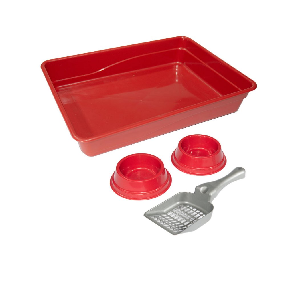 Caixa de Areia para Gatos Kit com  Bandeja ,2 Comedouros e Pá Higiênica Kit c/ 4 peças