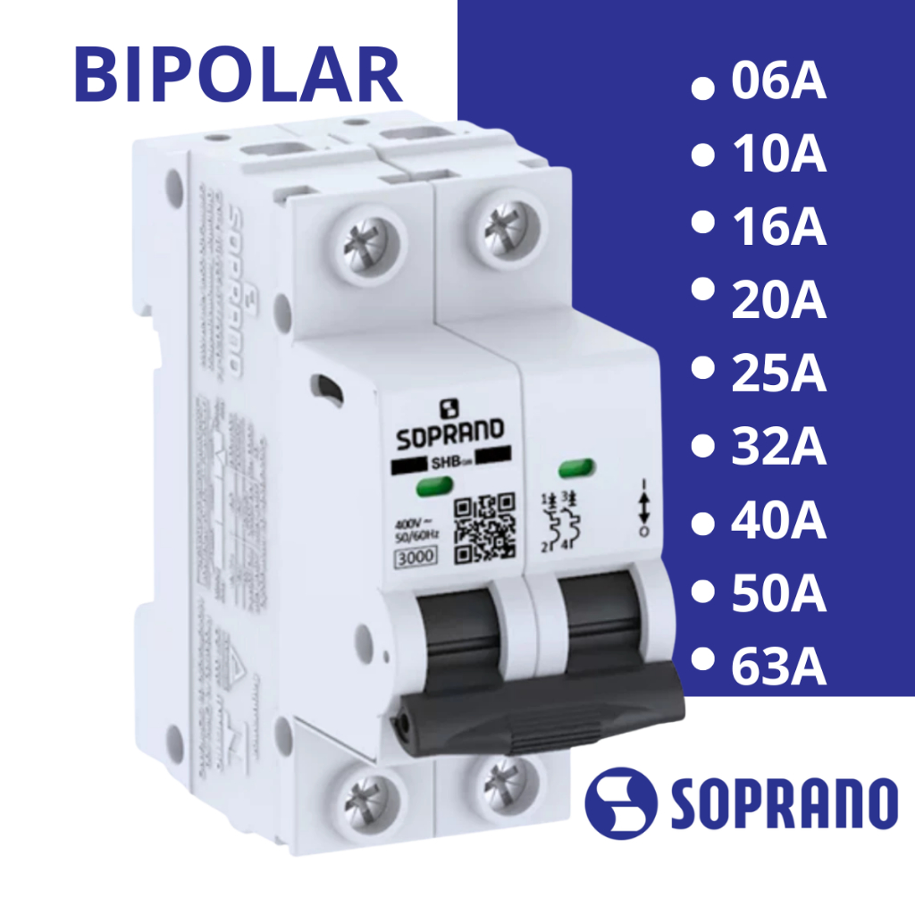 Disjuntor Bipolar 2 Polos 6A 10A 16A 20A 25A 32A 40A 50A 63A 70A 80A 90A SOPRANO