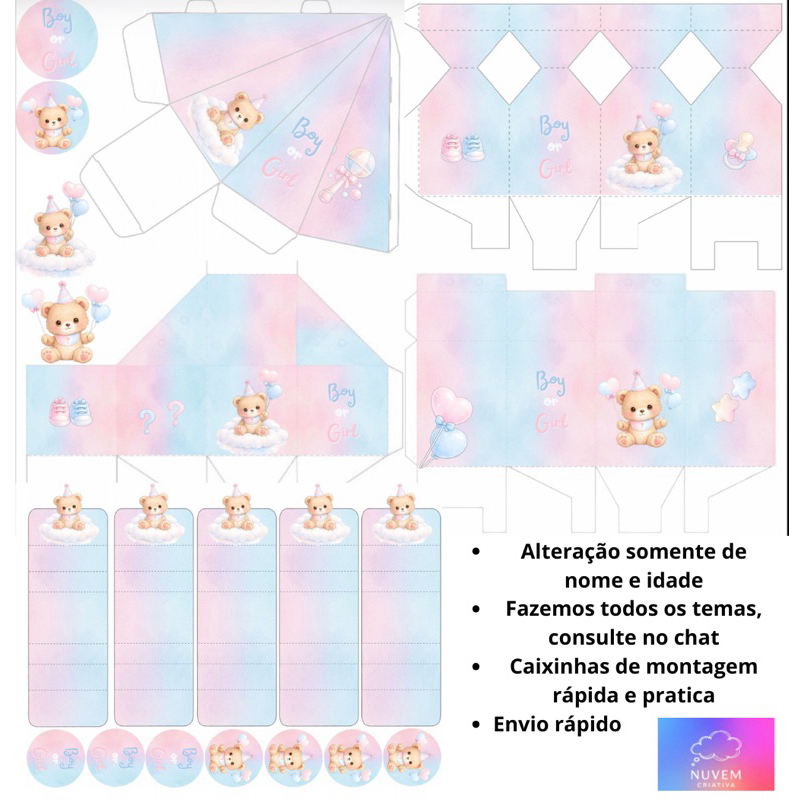 Kit personalizado Chá revelação, chá de bebê Ursinho rosa e azul- Caixinhas personalizadas chá revelação