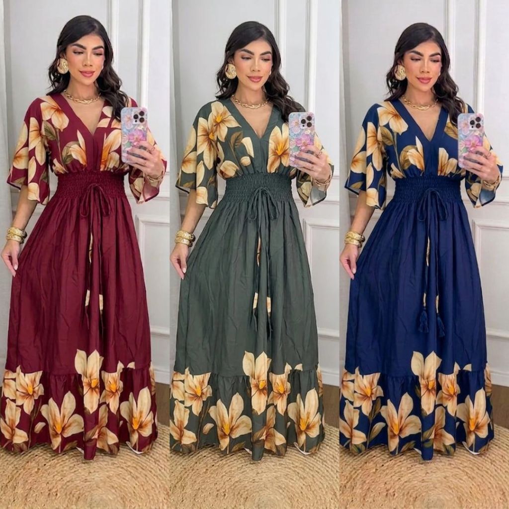 Vestido Feminino Longo Manga Flare Decote V Luxo Elegante em Oferta na Shopee