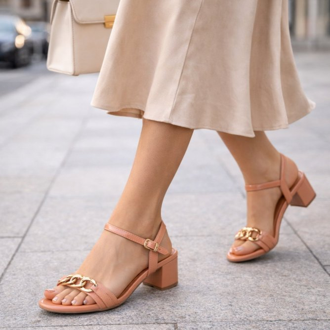 Sandália Feminina Casual Salto Bloco Baixo Grosso Com Corrente Metal Dourada Moda Blogueira