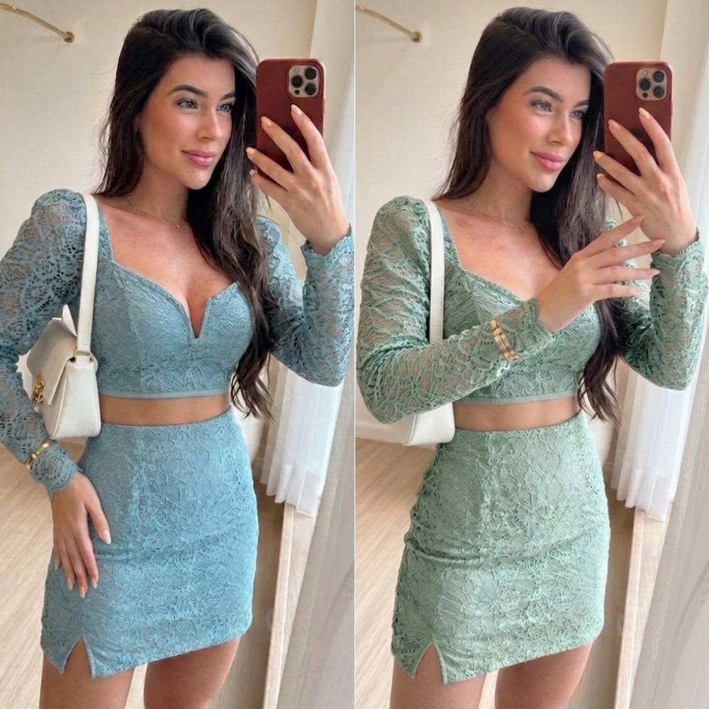 Conjunto Feminino Renda Guipir Cropped Manga Longa + Saia Curta Ajustada Elegante Festa em Oferta na Shopee