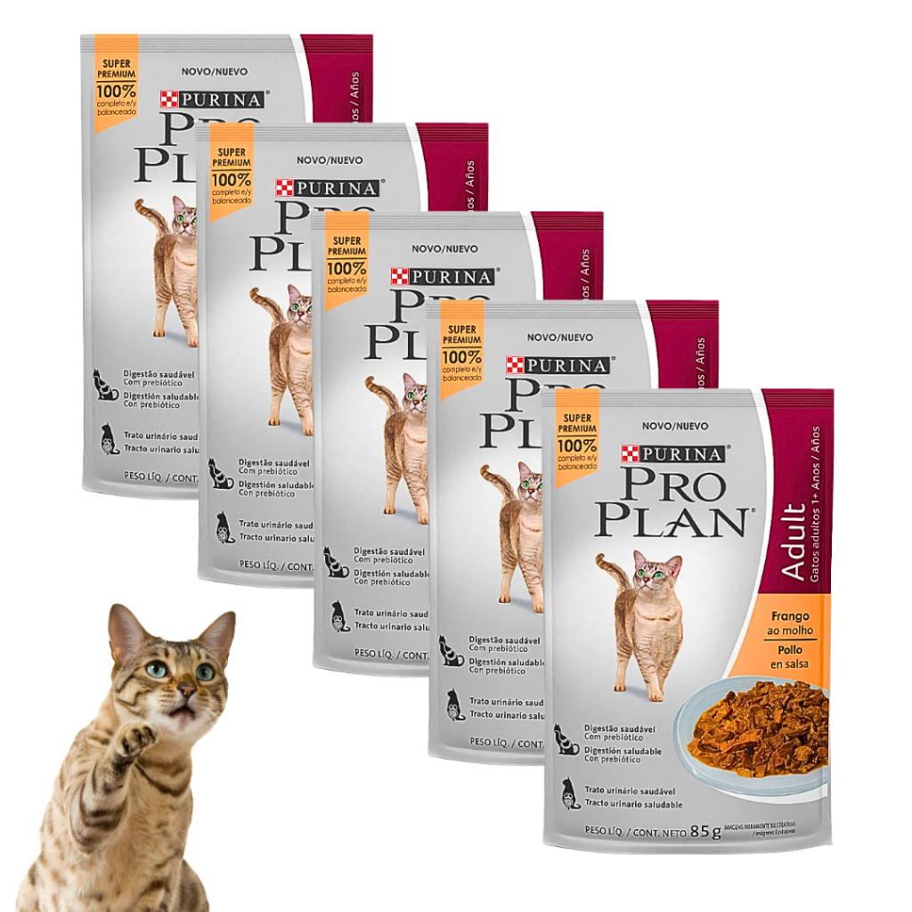 Kit C/5 Sachê Pro Plan Ração Úmida Super Premium 85g Para Gatos Adultos Sabor Frango ao Molho Purina