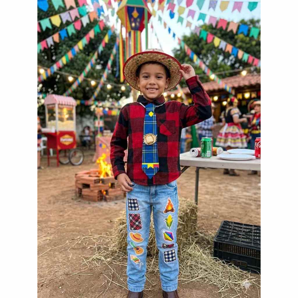 Camisa Vermelha  Xadrez Junina/ Com Gravata E Chapéu.