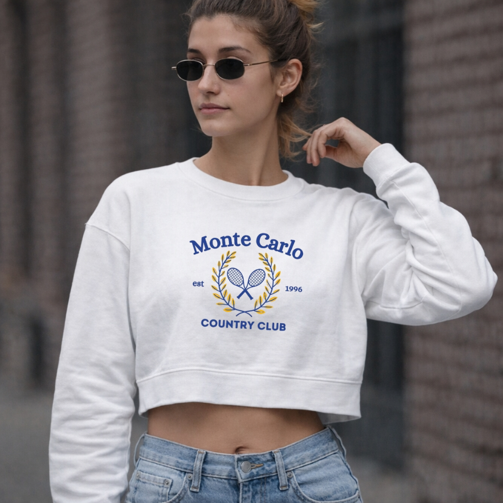 Cropped Moletom Monte Carlos Azul Raquete Country Club Minimalista Estampado Várias Cores