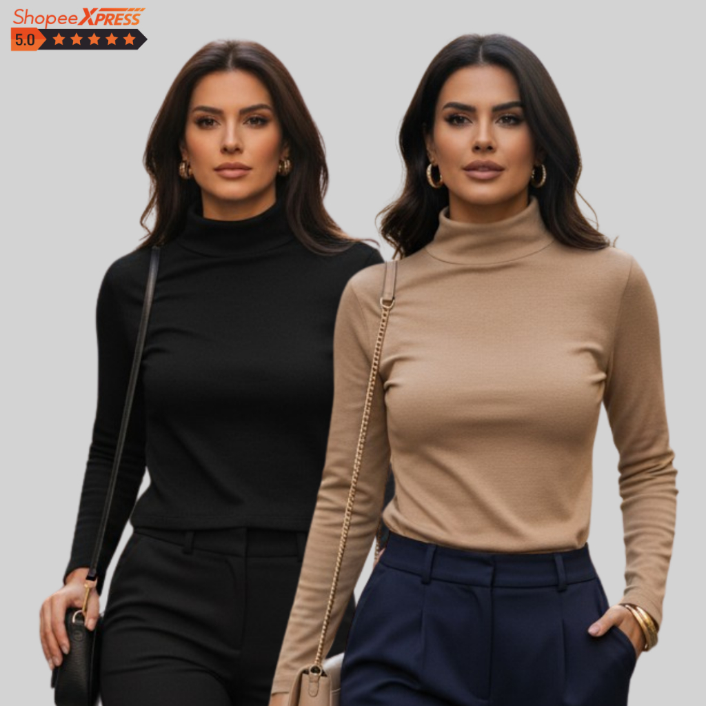 KIT 2 Blusas Feminina Manga Longa Cacharrel Confortável Básico Gola Alta Moda