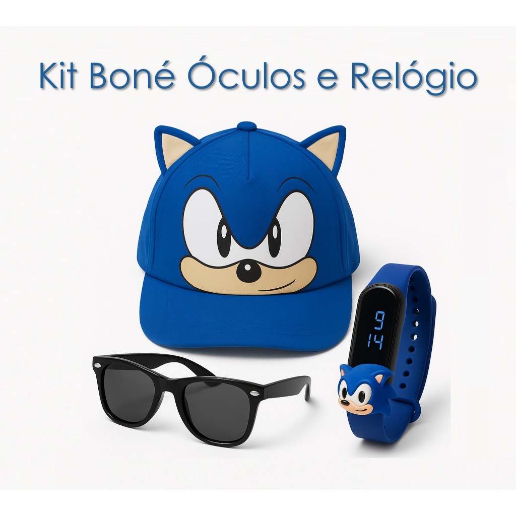 Kit Boné Sonic Orelhinha com Óculos e Relógio a prova d'agua