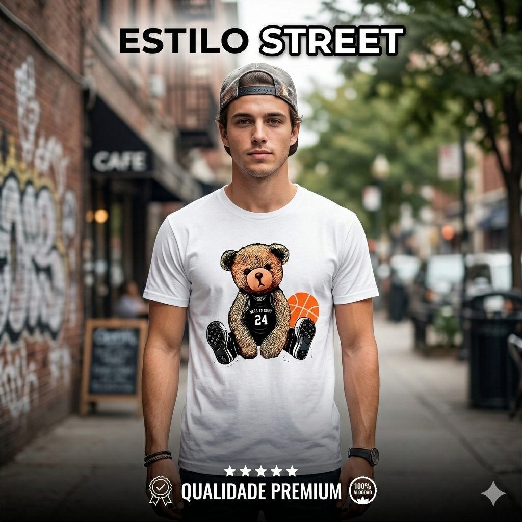 Camiseta Masculina  Urso Basquete Streetwear Estampada Roupa Estilo Urbano Algodão Unissex