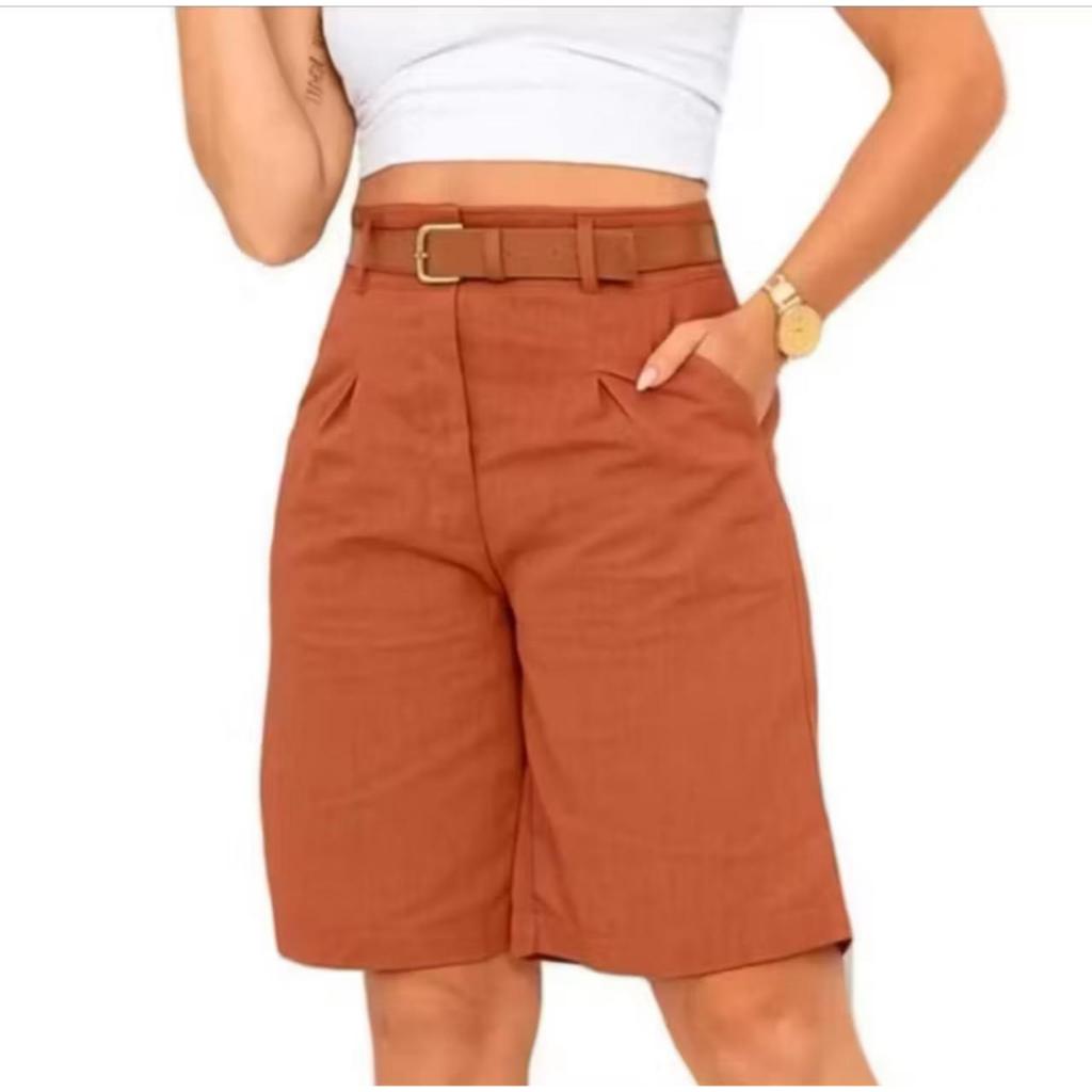 BERMUDA DE LINHO COM BOLSO COM CINTO DE COURO MARRON
