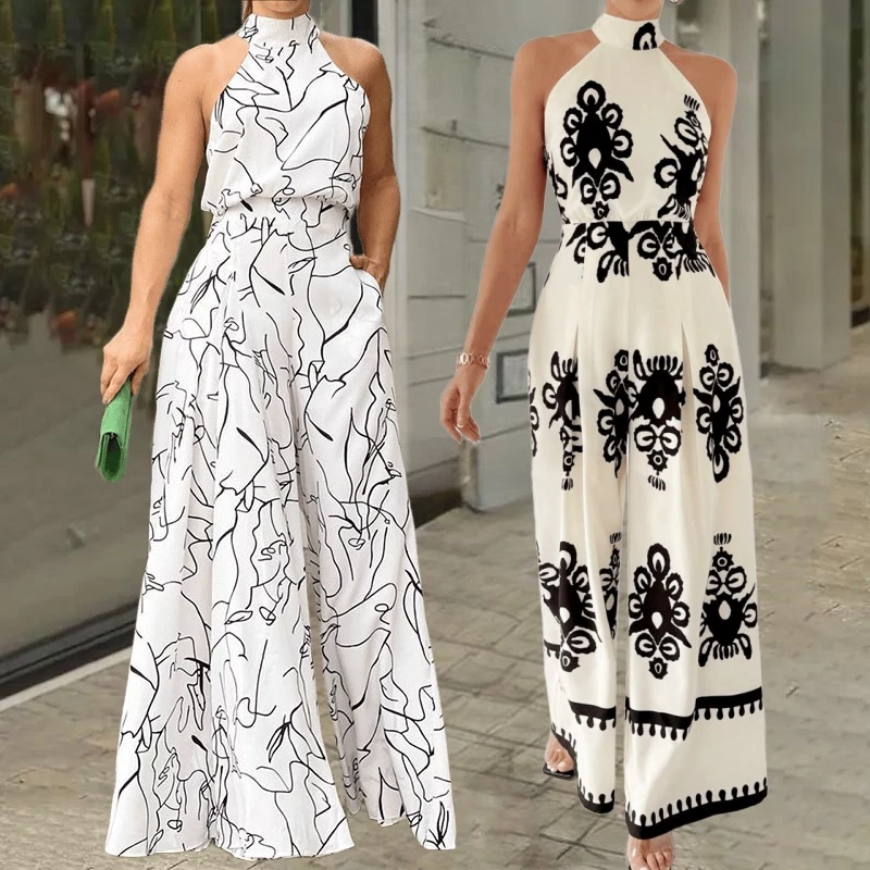 Macacão Feminino Longo Elegante Com Estampa Perna Larga All-Over E Alças Para Férias — imagem 1