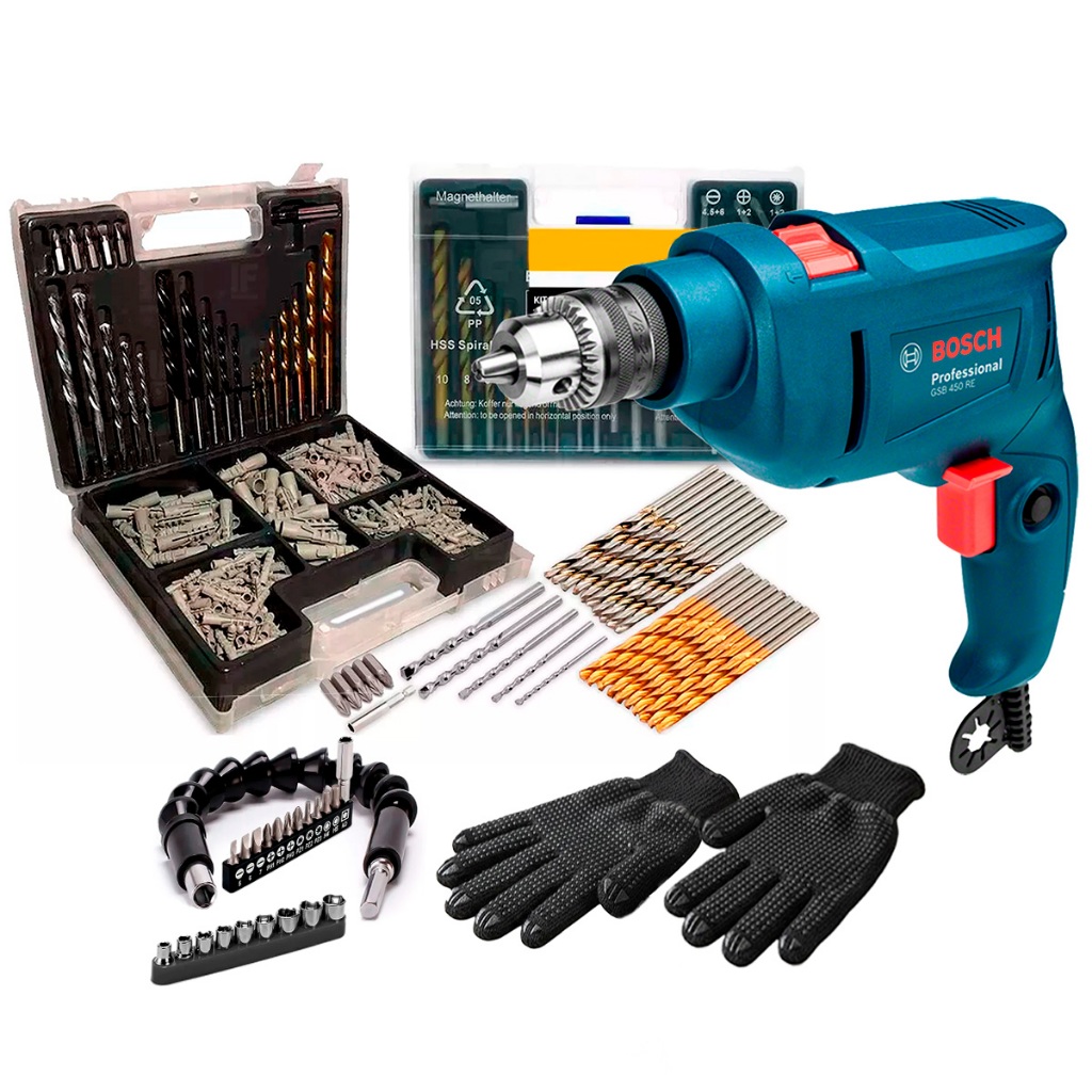 Kit Furadeira Industrial Elétrica Bosch GSB 450 3/8" Com Maleta 300 Pçs Bits Brocas E Buchas + Acessórios