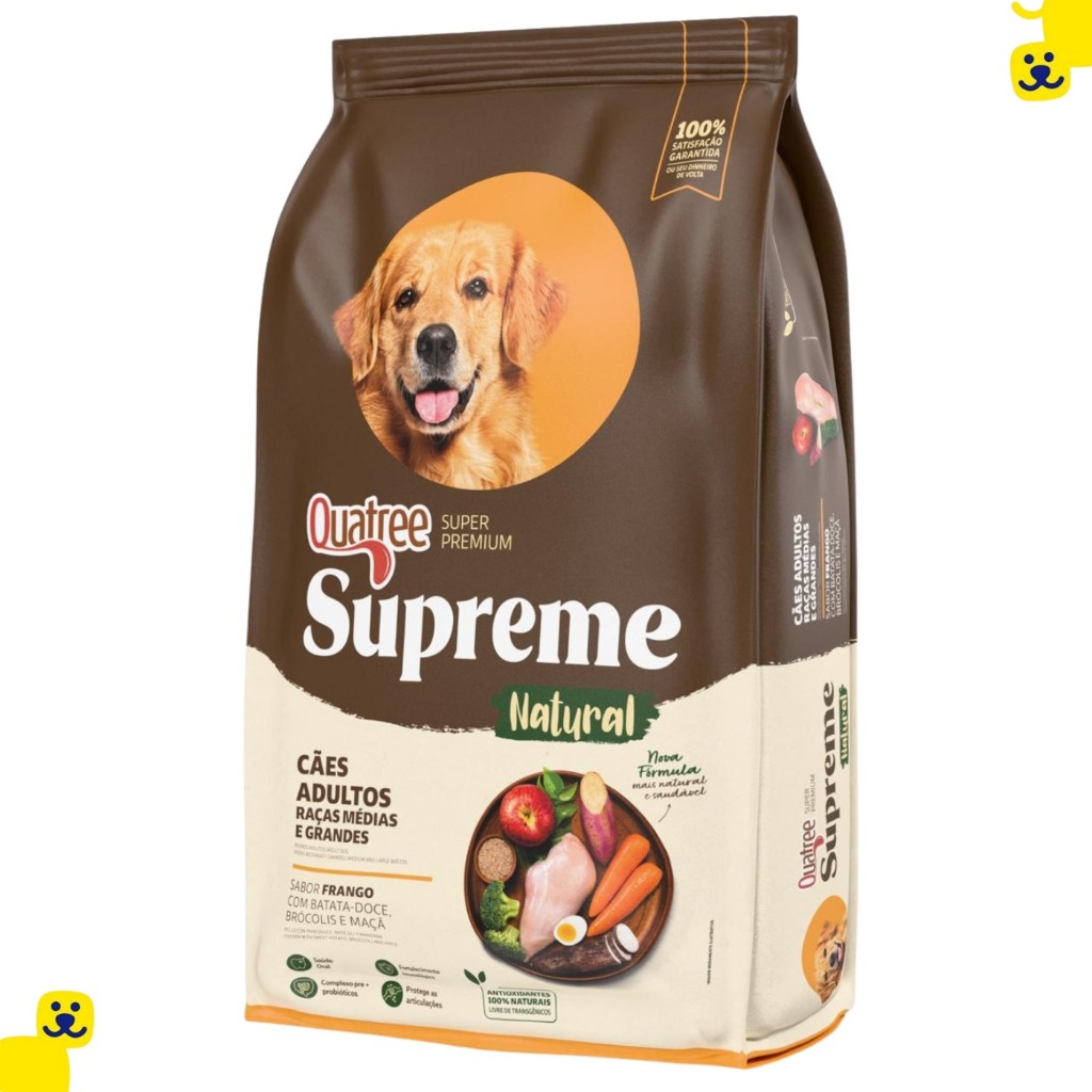 Ração Quatree Supreme 15Kg Cães Adultos Raças Médias Grandes Alimento Sabor Frango e Batata Doce Pet