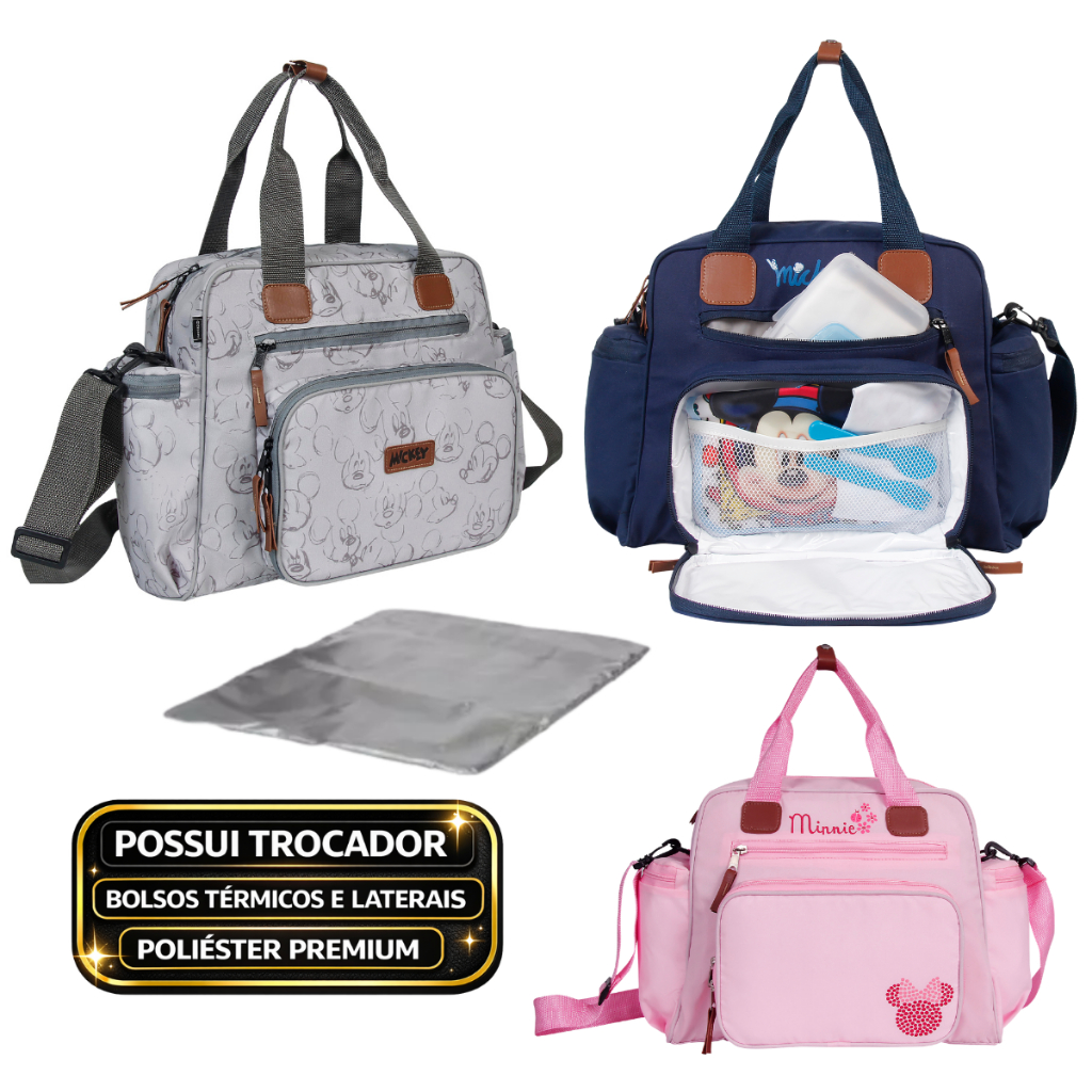 Sacola Bolsa Maternidade Premium Mickey Cinza, Rosa ou Azul com Trocador BabyGo Menino Menina em Oferta na Shopee