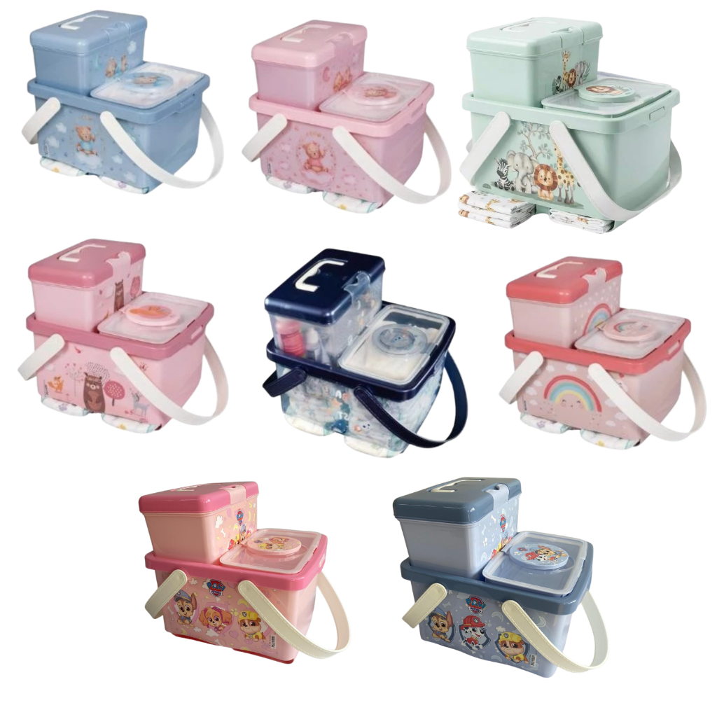 Kit Trocador Caixa Organizadora Fraldas + Caixa Farmácia e Porta Lenço Umedecido Bebê Alça Plasútil