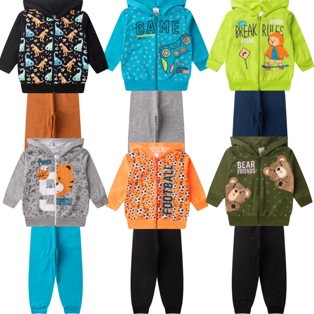 Conjunto Infantil Moletom Bebê Menino Menina Inverno Casaco com Zíper e Capuz + Calça Roupa Quentinha Estilosas