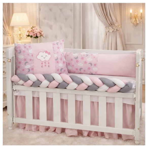 Kit Mini Berço 6 Peças com Trança e Mosquiteiro Várias Estampas Aconchegantes para Bebê