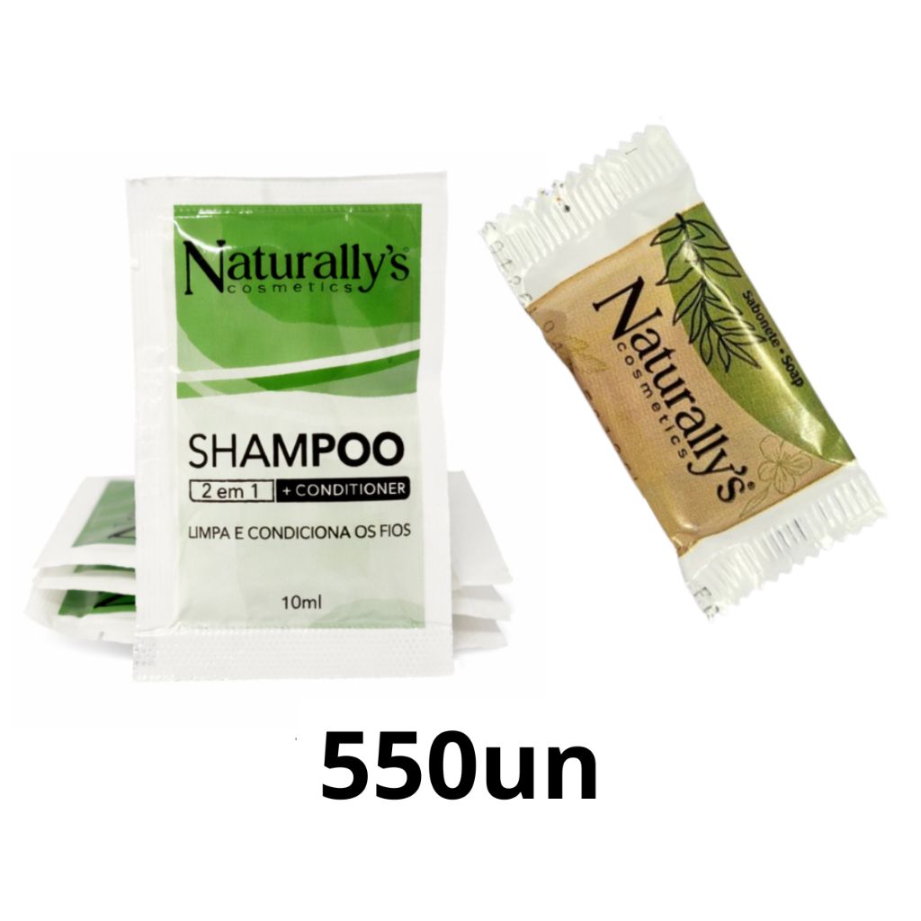 Kit Shampoo 2 Em 1 Naturally's 10ml + Sabonete Naturally's Dovely 10g 550un Para Hotel Pousada (300 sabonetes + 250 2x1)