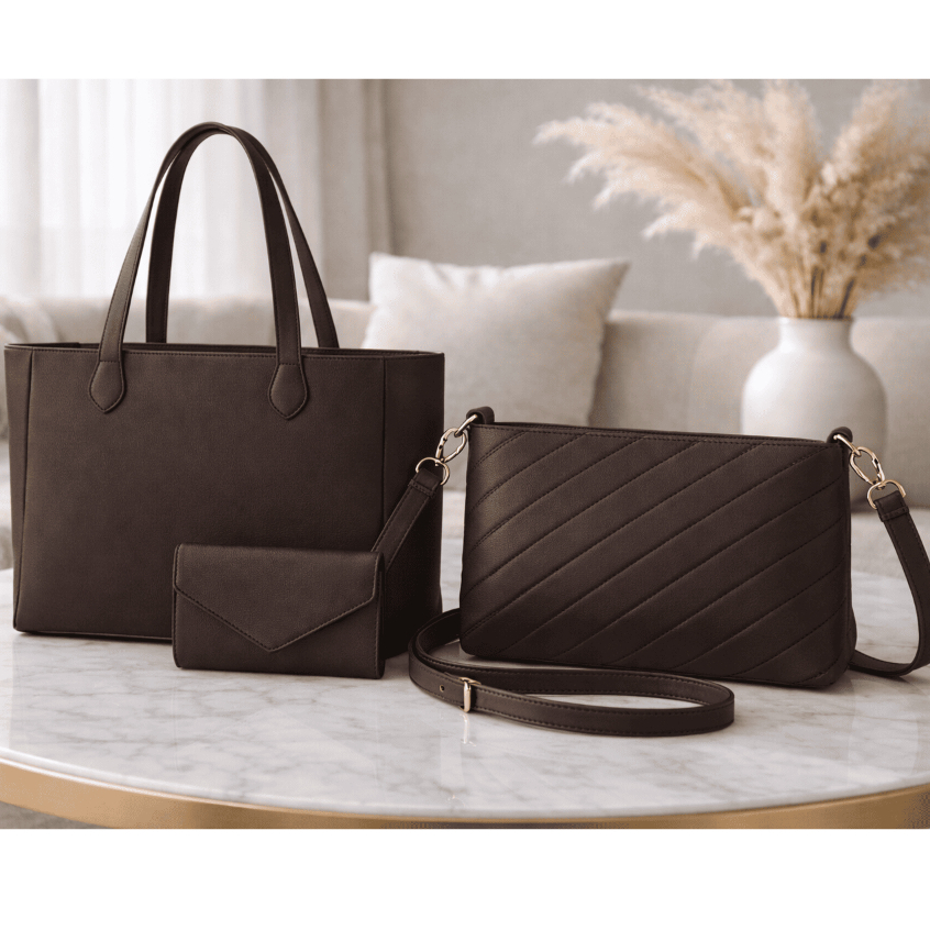 Kit 3 Peças Bolsa Feminina Luxo Tote Ombro Transversal Carteira Elegante Casual Moda Dia a Dia
