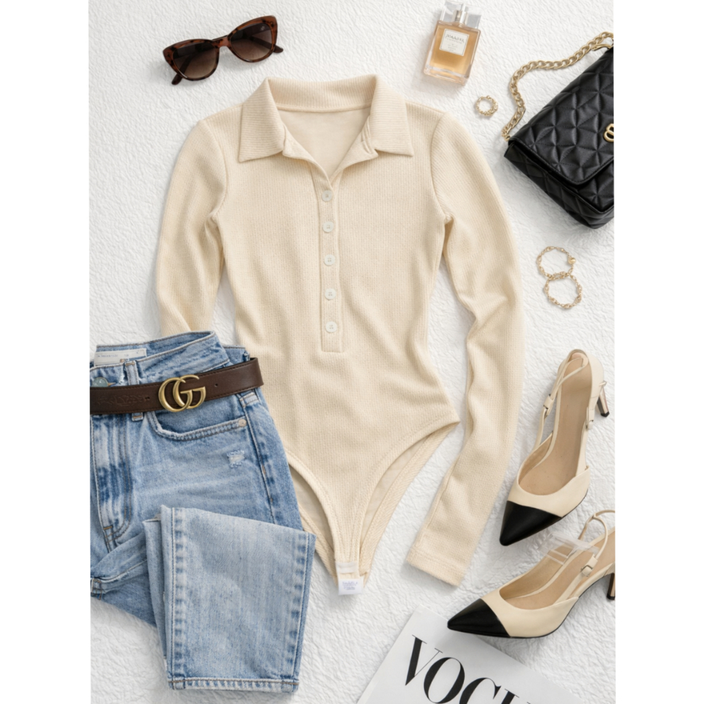 Body Feminino Canelado Gola Polo com Botões Manga Longa Body Cacharrel Elegante