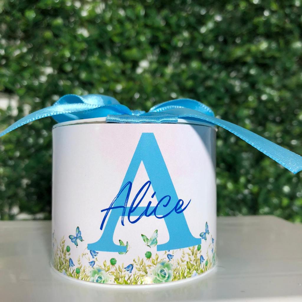 KIT TUBOLATAS PERSONALIZADAS - JARDIM BORBOLETA AZUL - 5X6CM - LEMBRANCINHA - CHÁ DE BEBÊ - ANIVERSÁRIO - MATERNIDADE