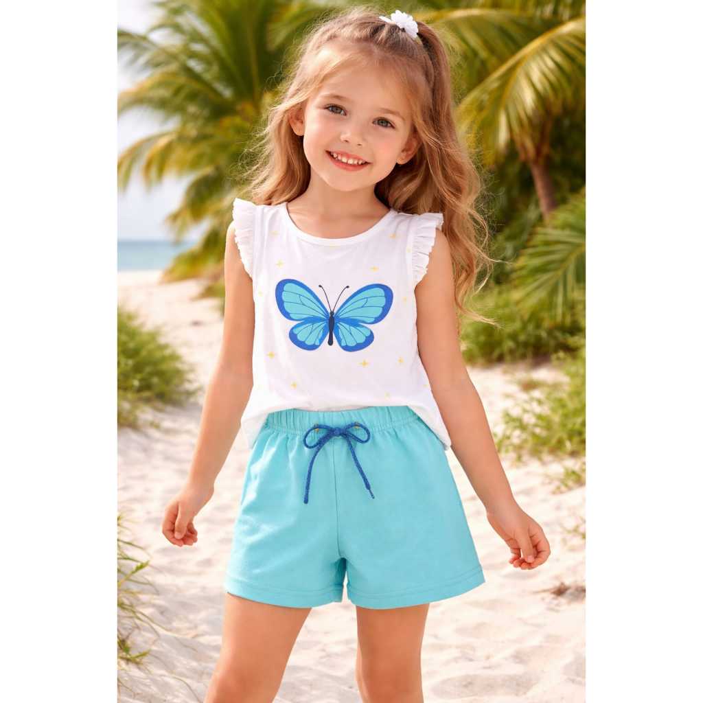 CONJUNTO INFANTIL MENINA VERÃO.BLUSA+BERMUDA COM CADRÇO DE BRILHO