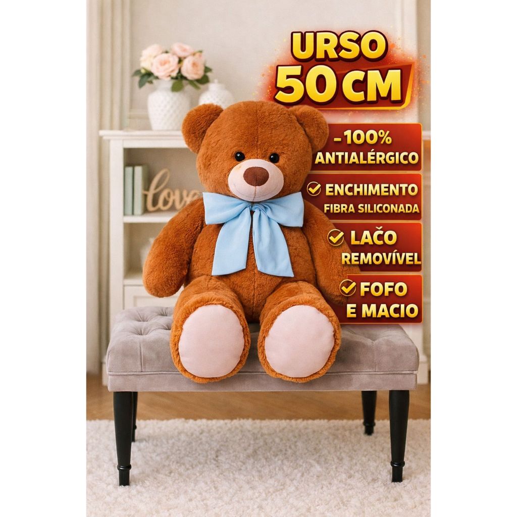 Urso De Pelúcia Teddy Bear Grande Com Laço 50 cm Antialérgico - Envio Imediato em Oferta na Shopee