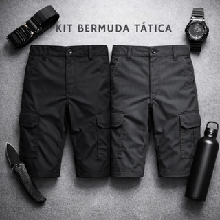 Kit Bermuda Cargo Tatica Esportes ao ar livre essencial com 6 Bolso Masculinos RipStop À Prova Dágua