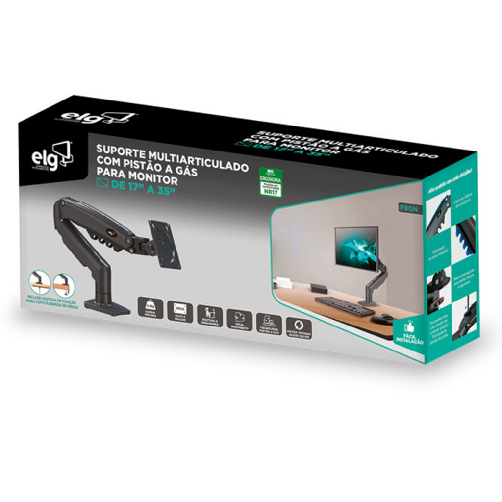 Suporte de Mesa para Monitor / TV 17" até 35" até 9kg ELG F80N com pistão a gás cor cinza.