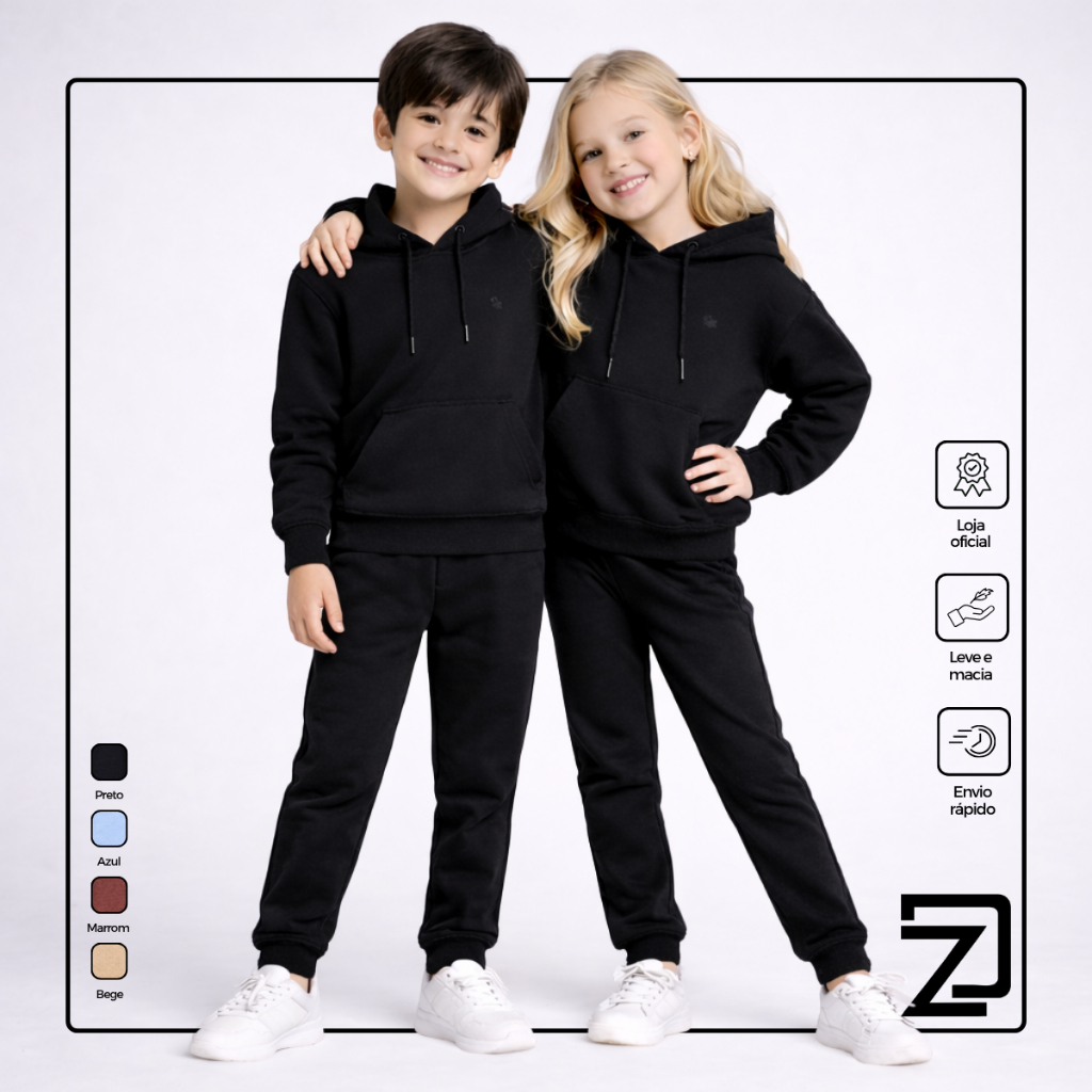 Conjunto Moletom Infantil Unissex Com Bolsos e Capuz