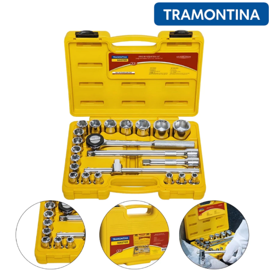 Jogo de Soquetes 1/2 22 Peças Estriado Catraca Extensão Profissional Kit Completo
