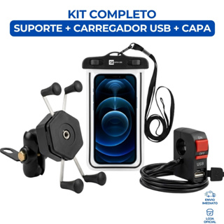 Kit Suporte Garra de Celular Para Moto Capinha Impermeável e Carregador USB Conectado a Bateria em Oferta na Shopee