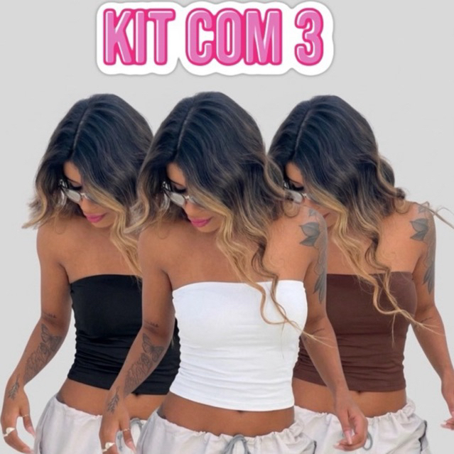 Kit 3 Blusas Tube Top Faixa Cropped Tomara que Caia Tendência Suplex Premium