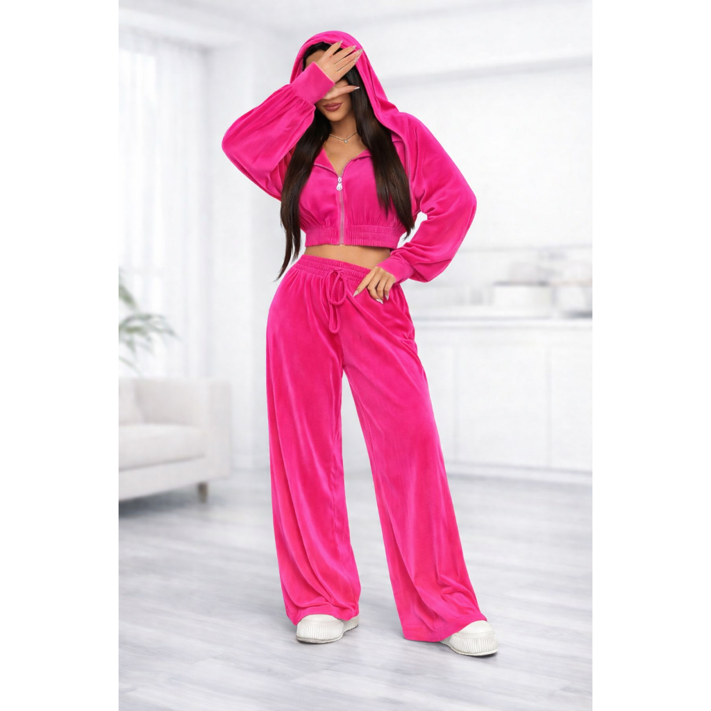 💖 Conjunto 2 pçs Feminino Veludo Sued – Cropped com Zíper + Calça Pantalona Moda Inverno