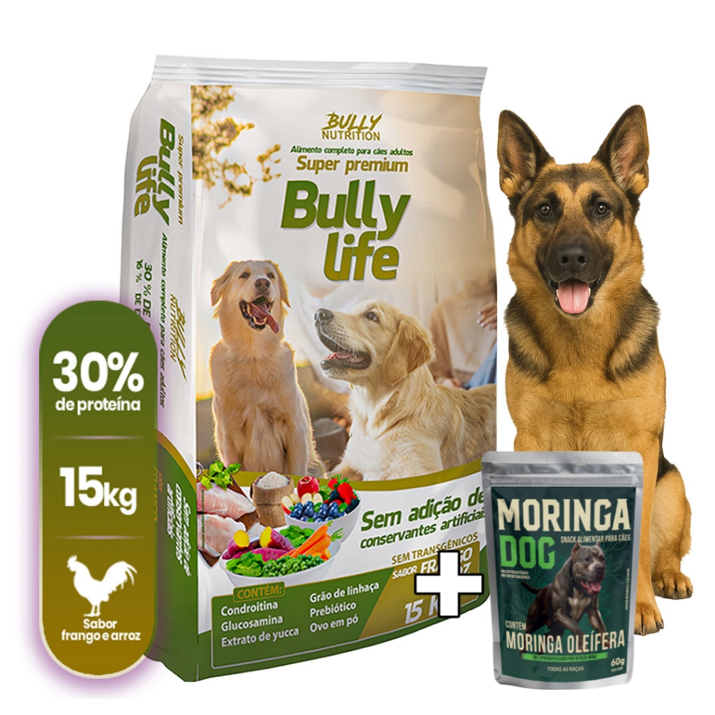 Ração Natural Cães Pastor Alemão Super Premium Bully Life 15Kg+ Ganhe Moringa Dog 60g  | Nutrição