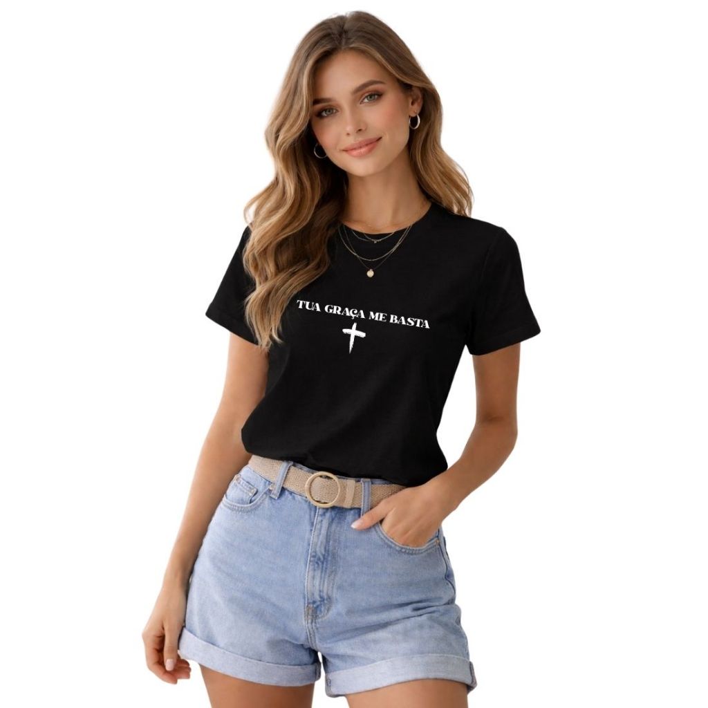 Camiseta Feminina Masculina Cristã Evangélica Tua Graça Basta Estampada Camisa Algodão 30.1 Premium