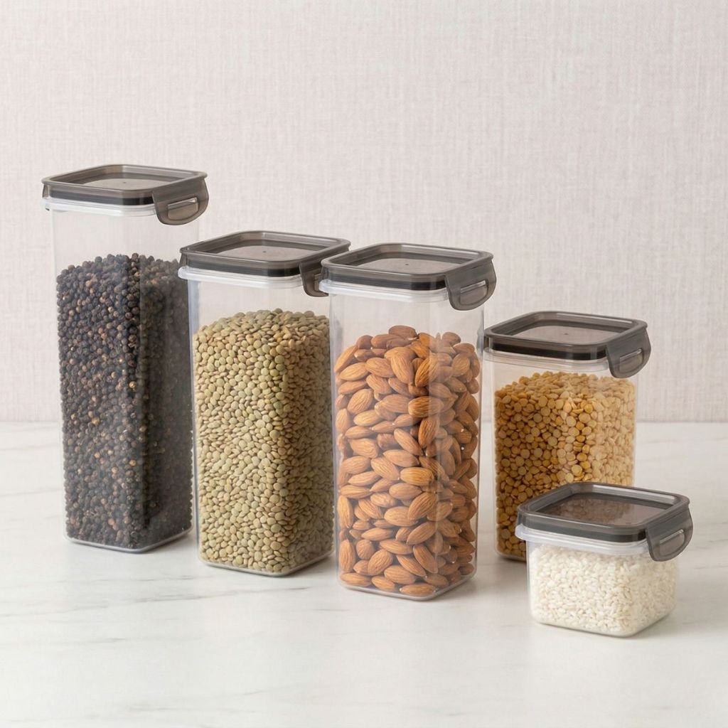 Kit 5 Potes Porta Mantimentos Trava Mais QD Cristal - Capacidade Variada 380ml, 830ml, 1,24L e 1,6L