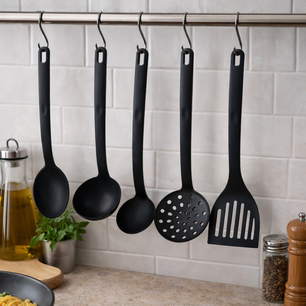 6 Utensílios Conjunto Cozinha Nylon Antiaderente Gancho Resistente 190ºC Panelas Delicadas Espátula