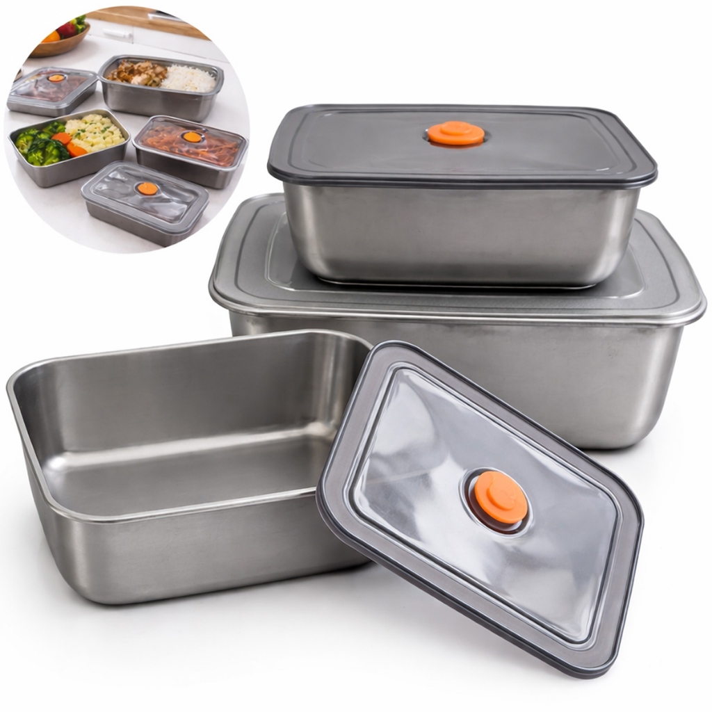 Kit 03 Potes de Tampa Hermética Inox Marmita Freezer Organização Cozinha Alimento
