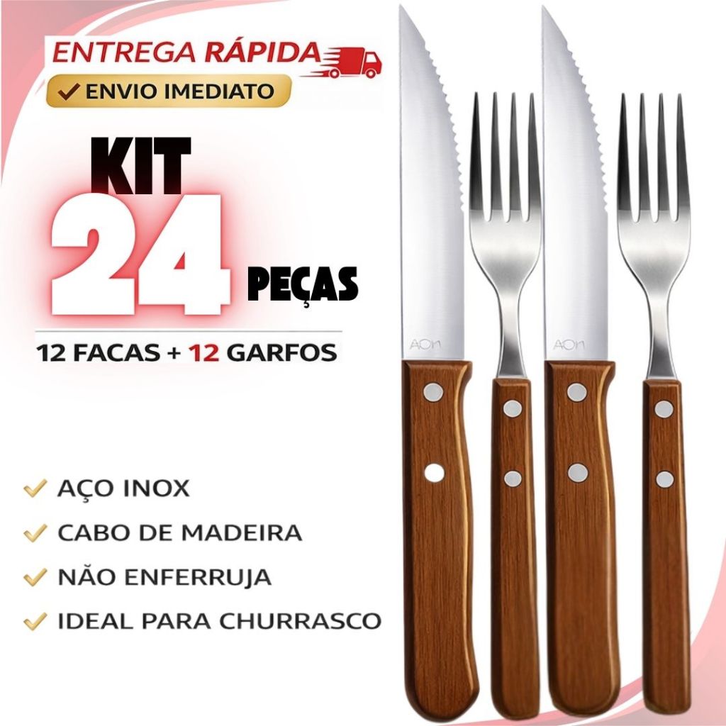 Talheres para Churrasco Jumbo Wooden Faca Tipo Outback Cabo de Madeira Conjunto